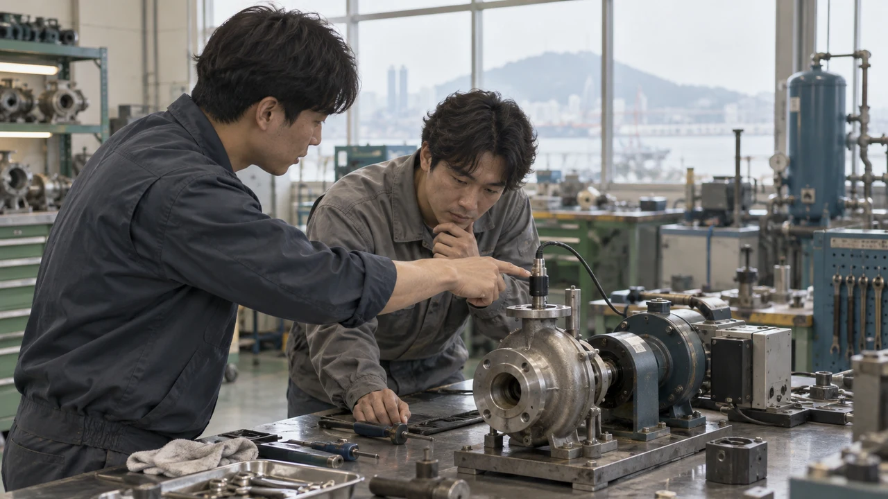 가상의 제조 현장에서 기술자 두 명이 펌프 시험 장치와 센서를 함께 점검하는 장면