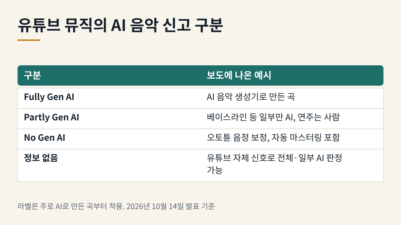 유튜브 뮤직은 AI 관여를 Fully, Partly, No Gen AI 세 구분으로 신고받고 정보가 없으면 자체 신호로 판정한다.