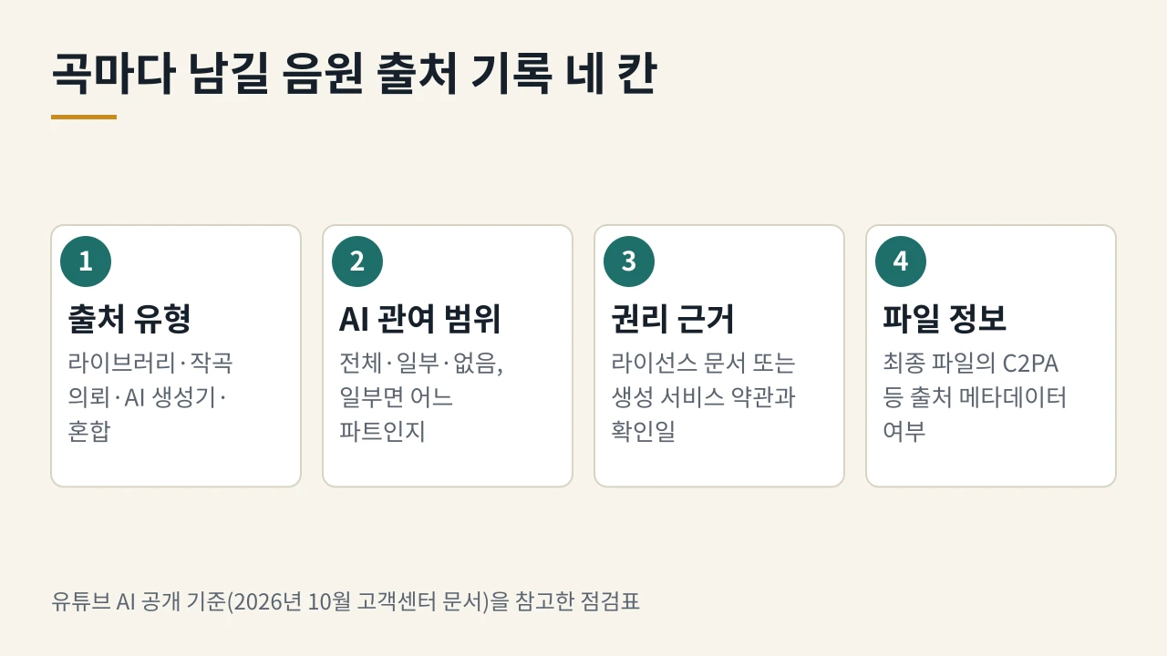 납품물의 곡마다 출처 유형, AI 관여 범위, 권리 근거, 파일 정보 네 칸을 남기면 라벨 여부와 관계없이 설명할 수 있다.